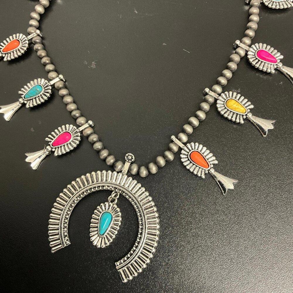Multicolor Silver Stamped Western Necklace